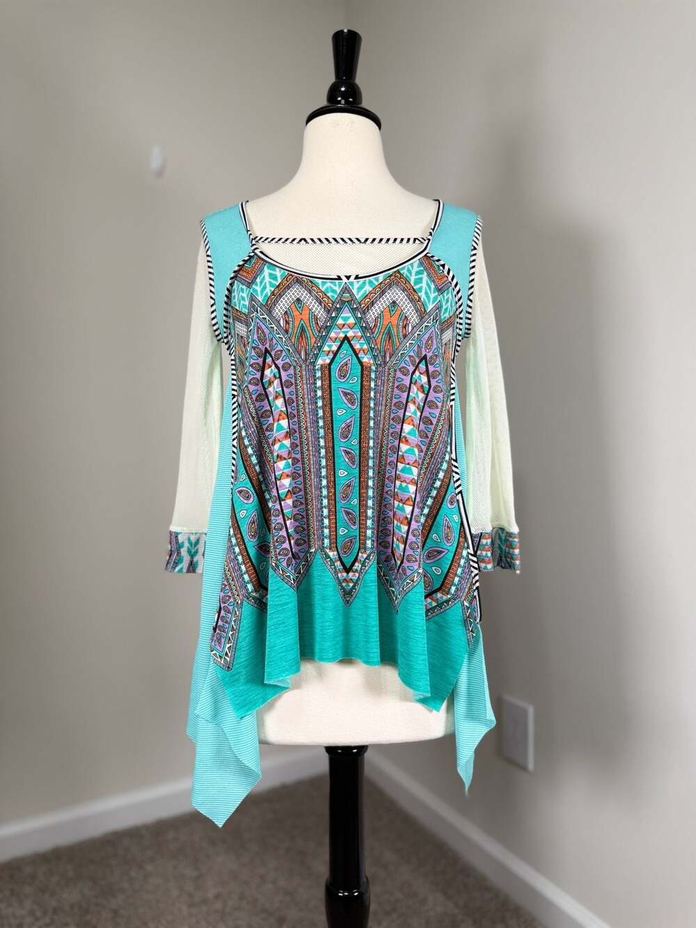 Zion Turquoise Aztec Boho Asymmetrical Witchy Festival Tunic Top Size M